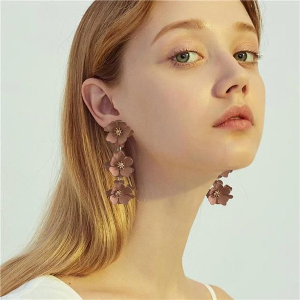 Brown Matte Flower Dangle Earrings Tiered Floral Drop Stud Chandelier Earrings - Picture 2 of 5